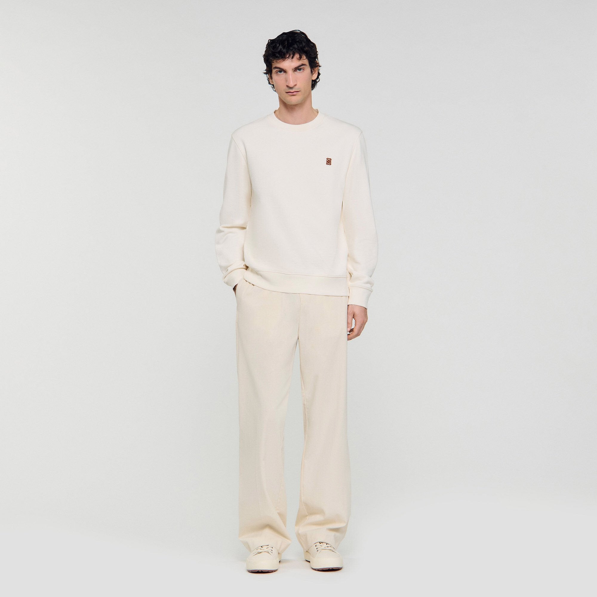 Oversized sweatshirt with leather patch Butter Cream Sandro Men