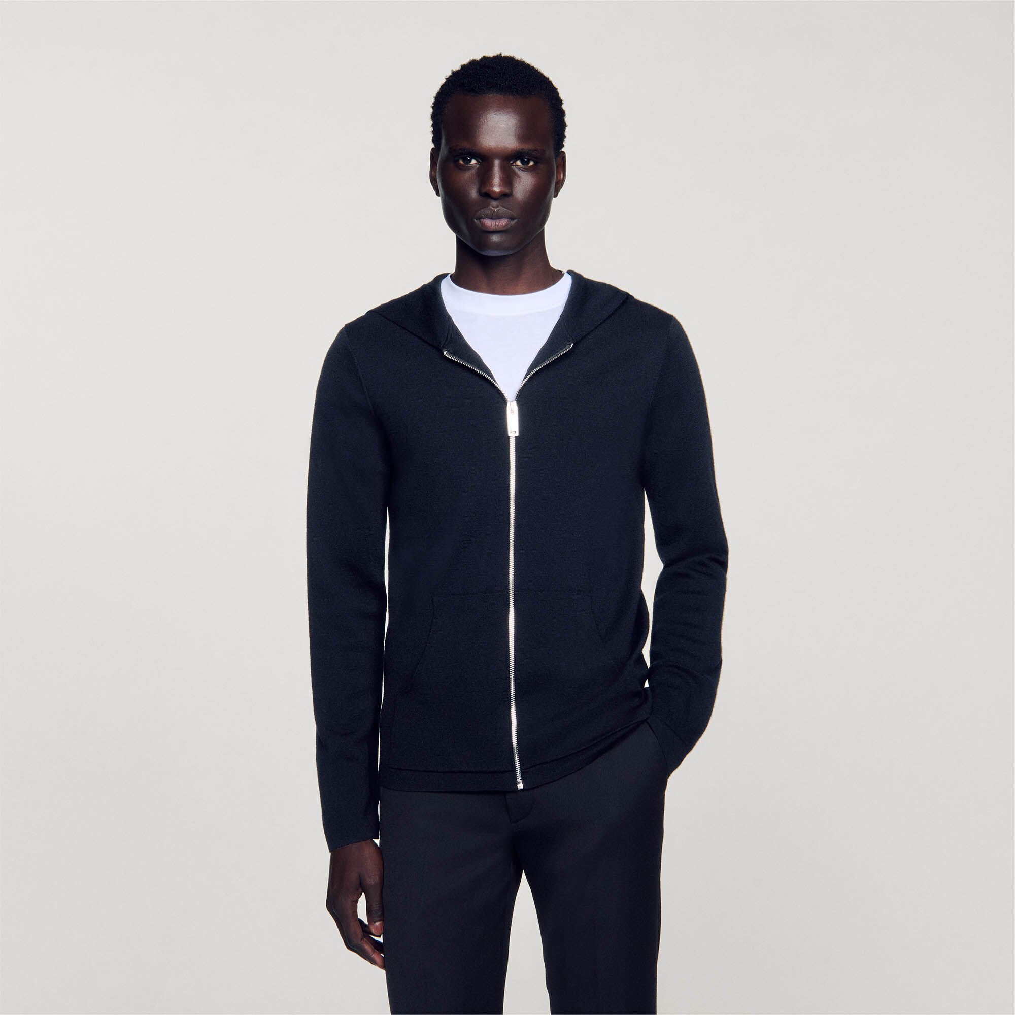Zipped cardigan with hood Black Sandro Men