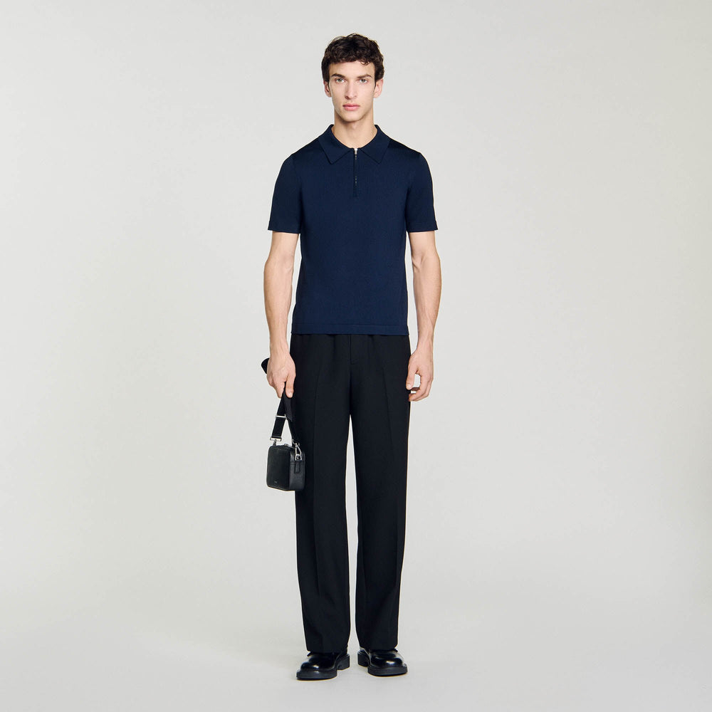 Knitted polo shirt with zip collar Navy Blue Sandro Men