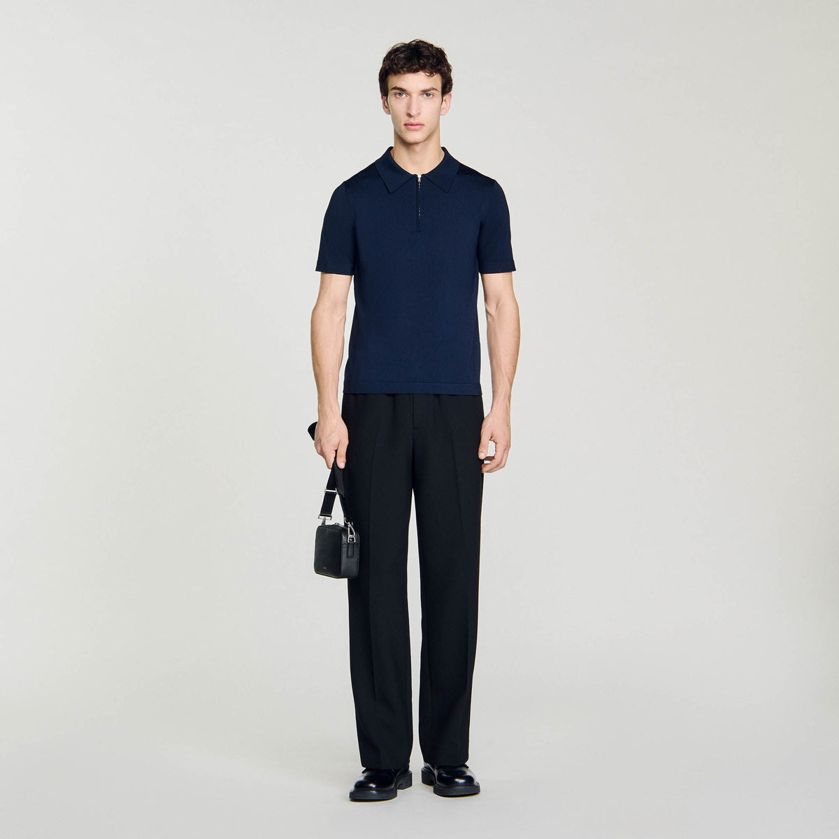 Knitted polo shirt with zip collar Navy Blue Sandro Men