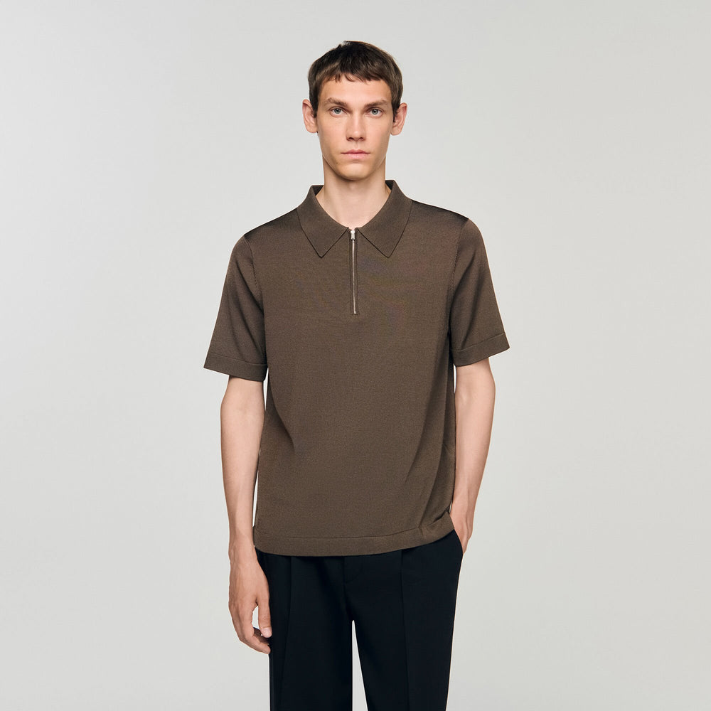 Knitted polo shirt with zip collar Caramel Sandro Men