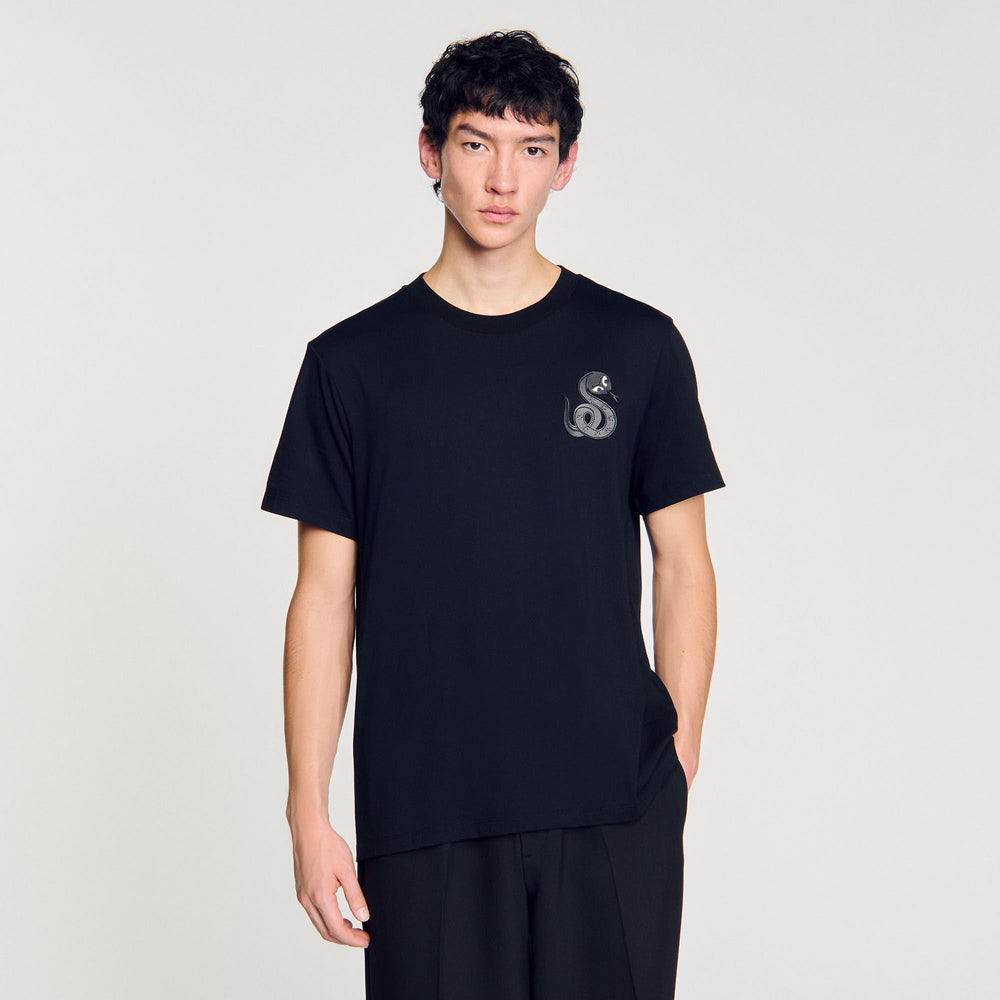 T-shirt with snake detail Black Sandro Men