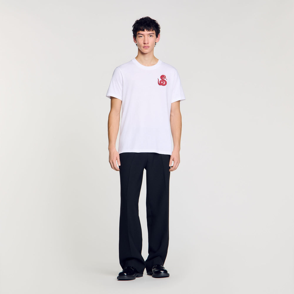 T-shirt with snake detail Optic White Sandro Men