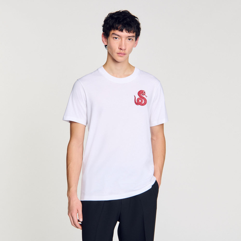 T-shirt with snake detail Optic White Sandro Men