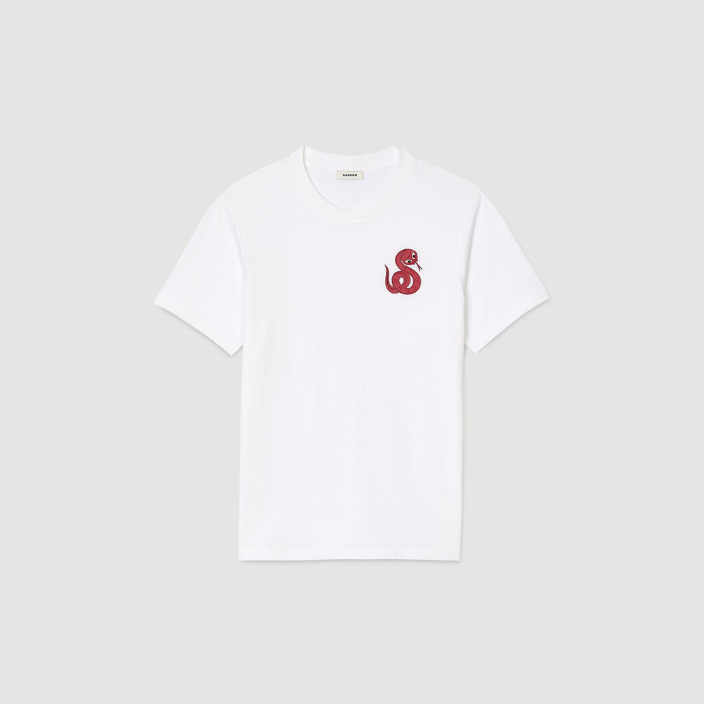 T-shirt with snake detail Optic White Sandro Men