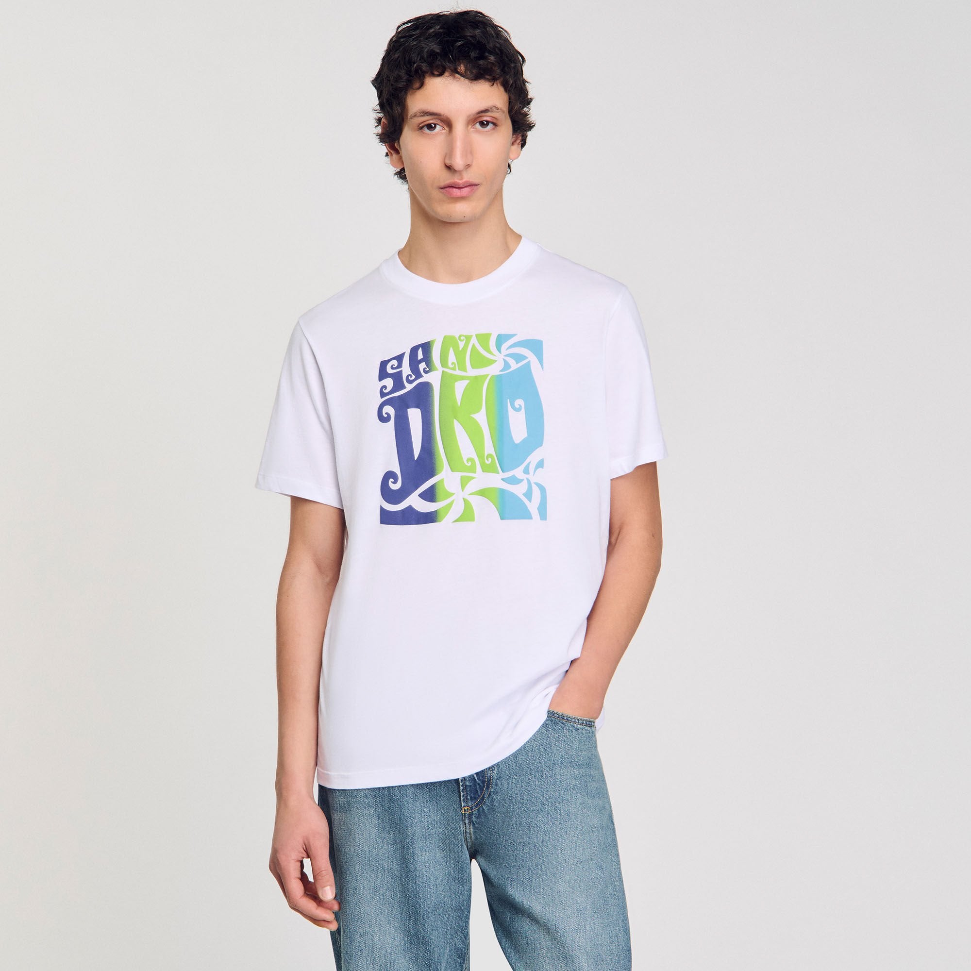 Wave print cotton T-shirt Optic White Sandro Men