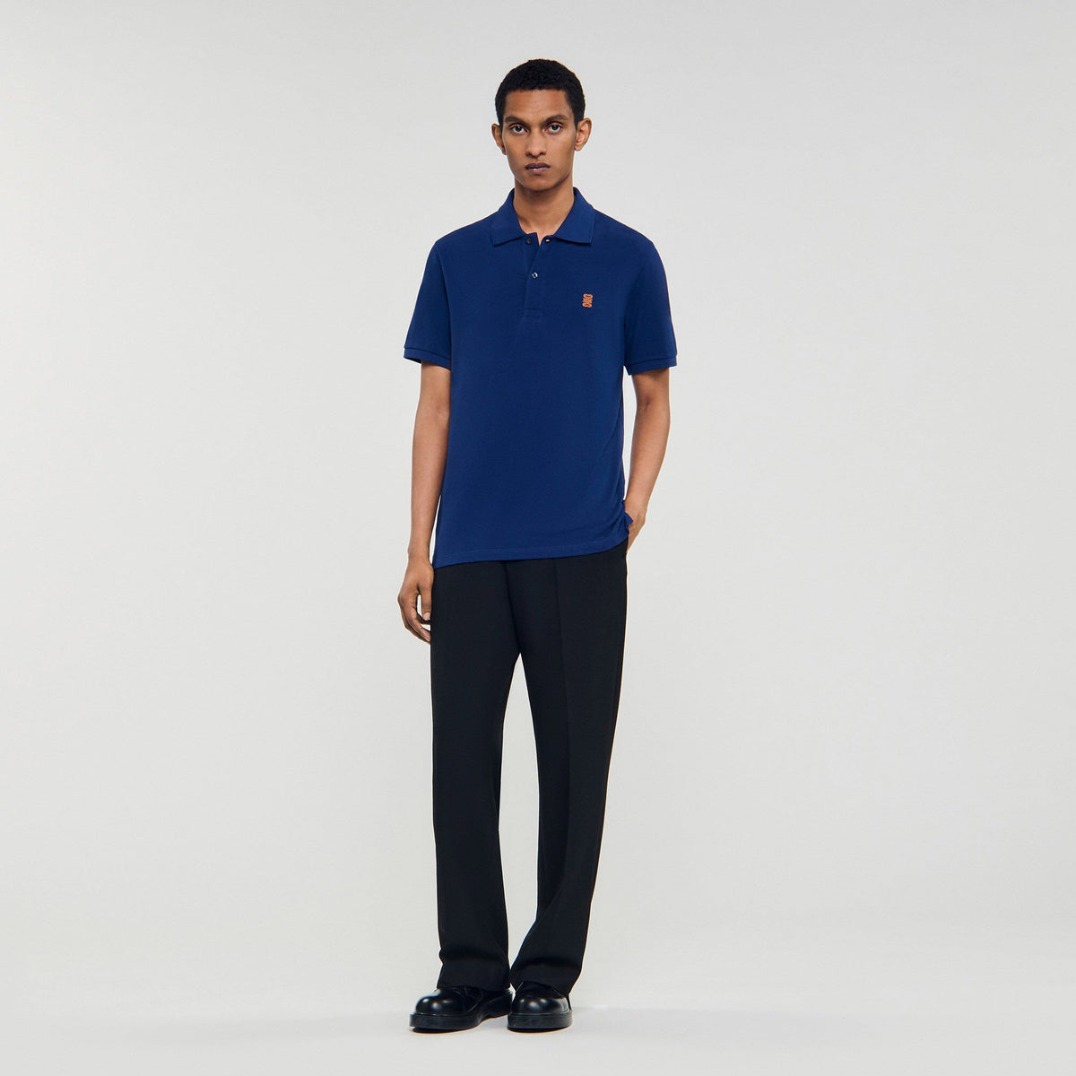 Polo shirt with leather logo Navy Blue Sandro Men