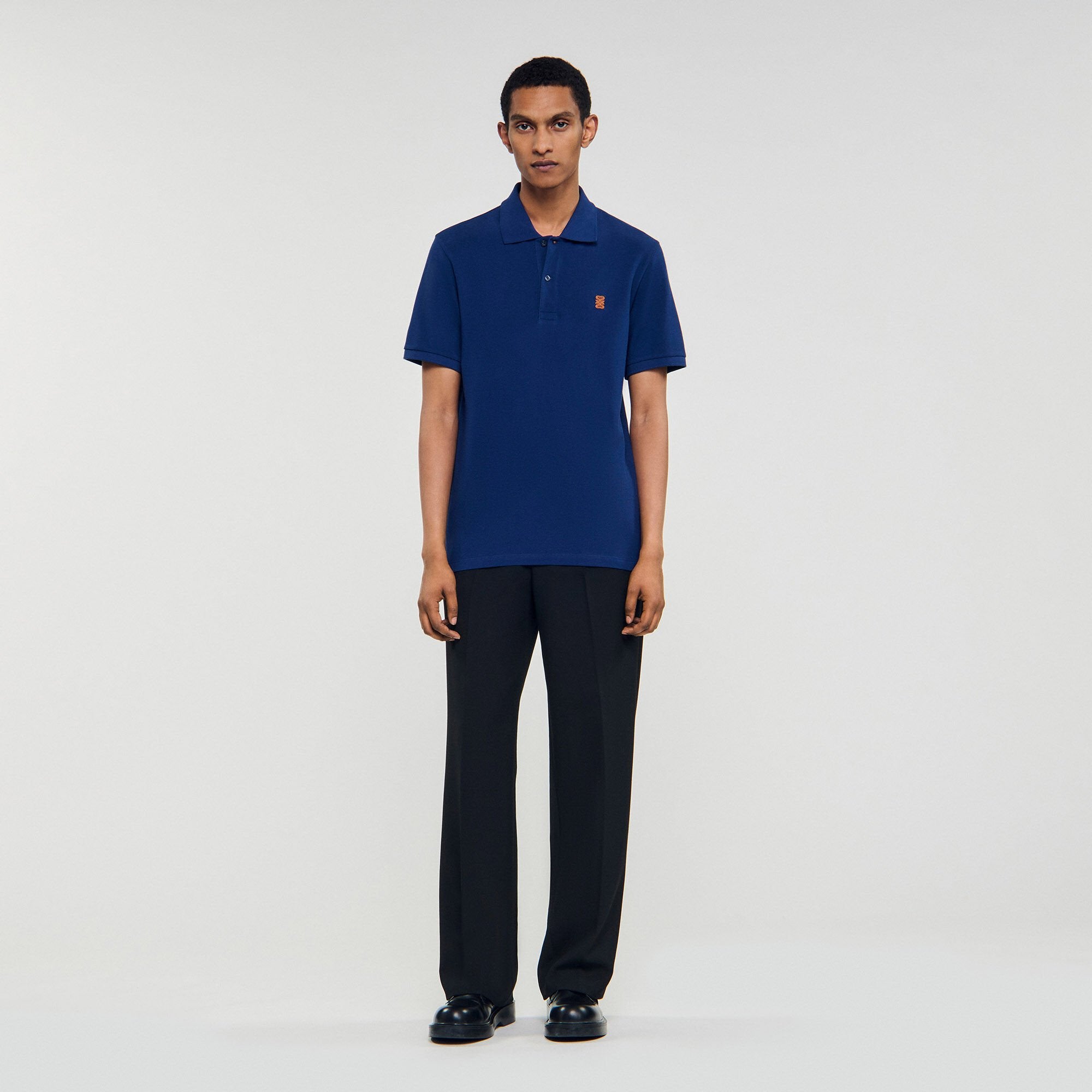 Polo shirt with leather logo Navy Blue Sandro Men