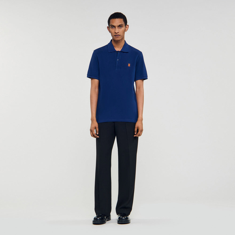 Polo shirt with leather logo Navy Blue Sandro Men