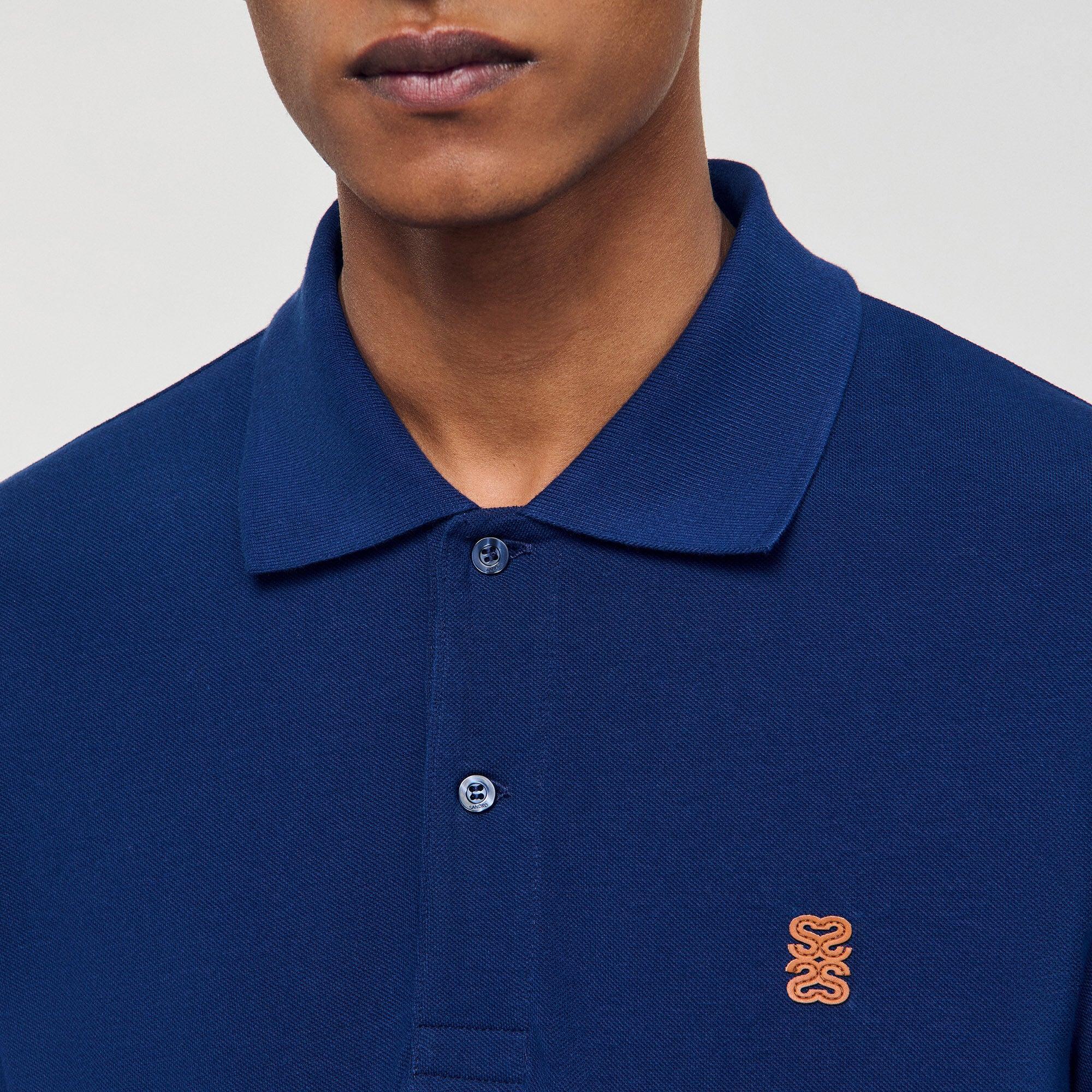 Polo shirt with leather logo Navy Blue Sandro Men