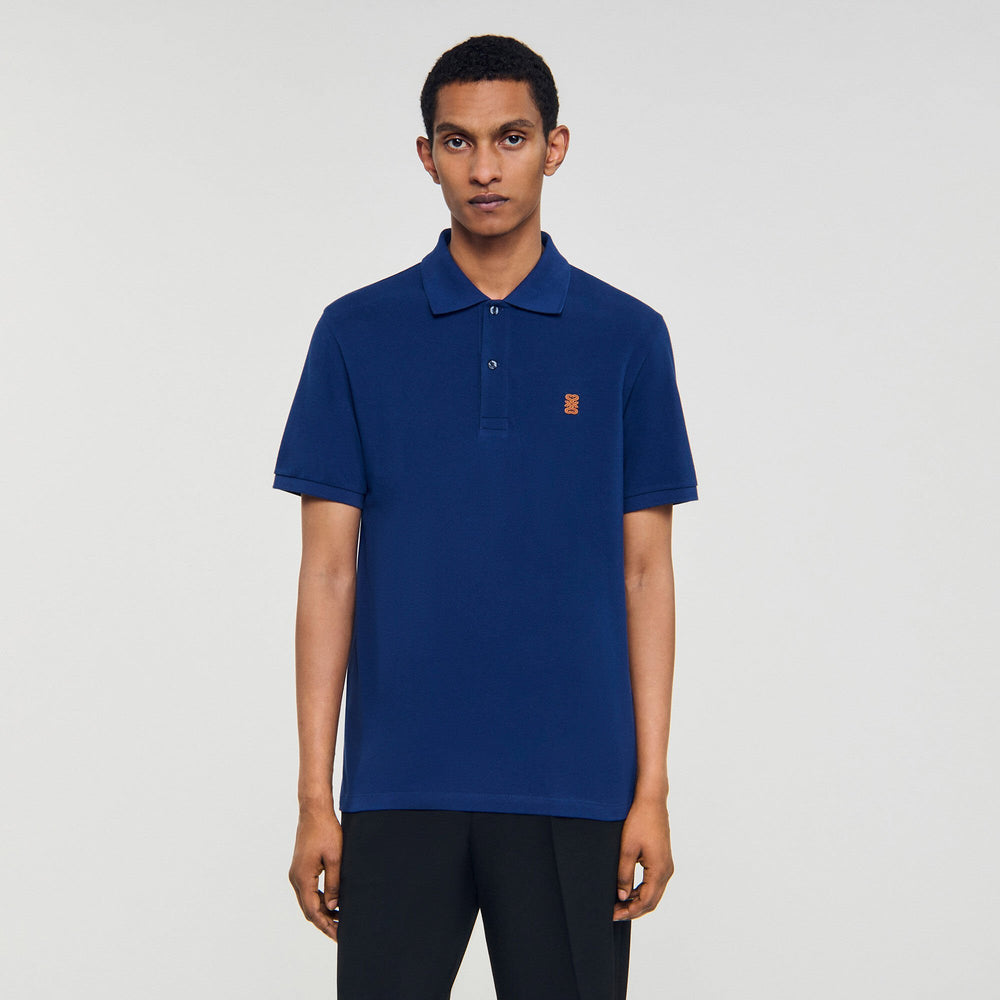Polo shirt with leather logo Navy Blue Sandro Men