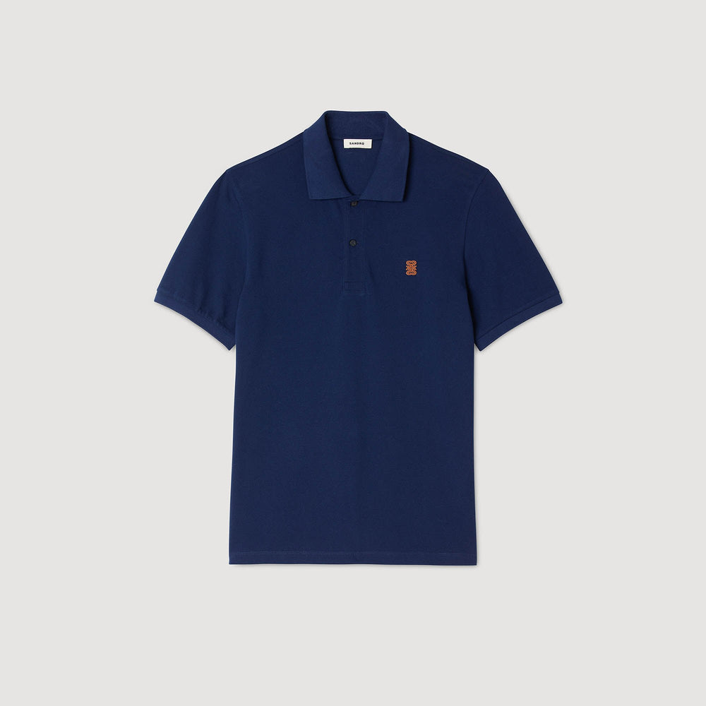 Polo shirt with leather logo Navy Blue Sandro Men