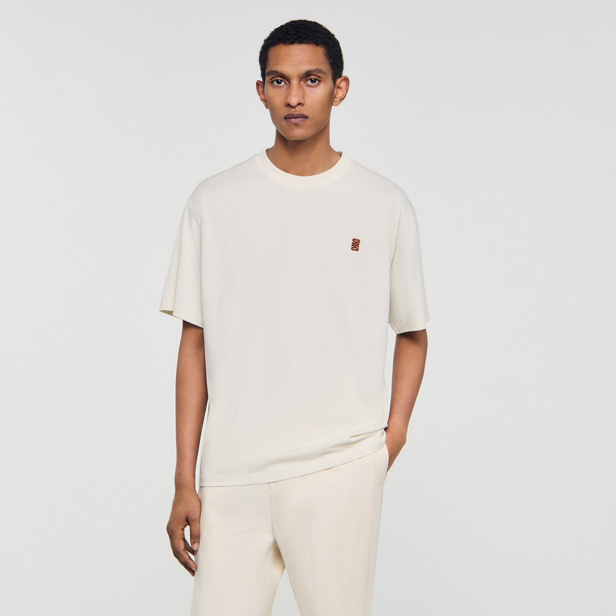 Leather logo T-shirt Butter Cream Sandro Men